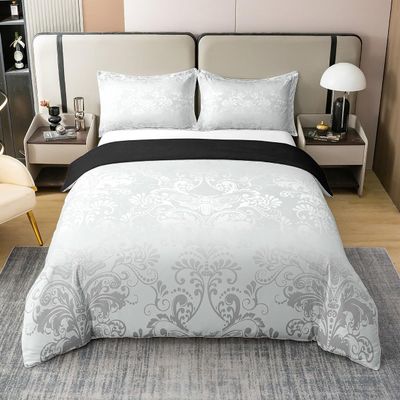 100% Natural Cotton Adult Jacquard Damask Comforter Cover Full Size,Antique Victorian Baroque Duvet Cover,White Ombre Sugar Skull Bedding Set,Gothic Vintage Floral Bedspread Cover With 2 Pillowcases