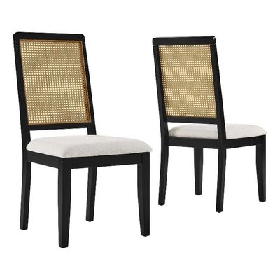 Modway Arlo Wood and Faux Rattan Dining Chairs Set of 2 in Black Natural Heathered Weave Ivory - Modern Farmhouse Accent Chairs - Fabric Upholstered Chairs for Dining Room