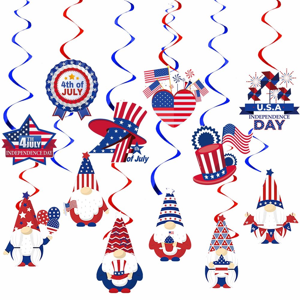 Generic 4th of July Decoration, 24 Pcs Independence Day Hanging Swirls Patriotic American Flag/Star Streamers Memorial Day Red White and Blue Swirls Decor for 4th July Party Supplies