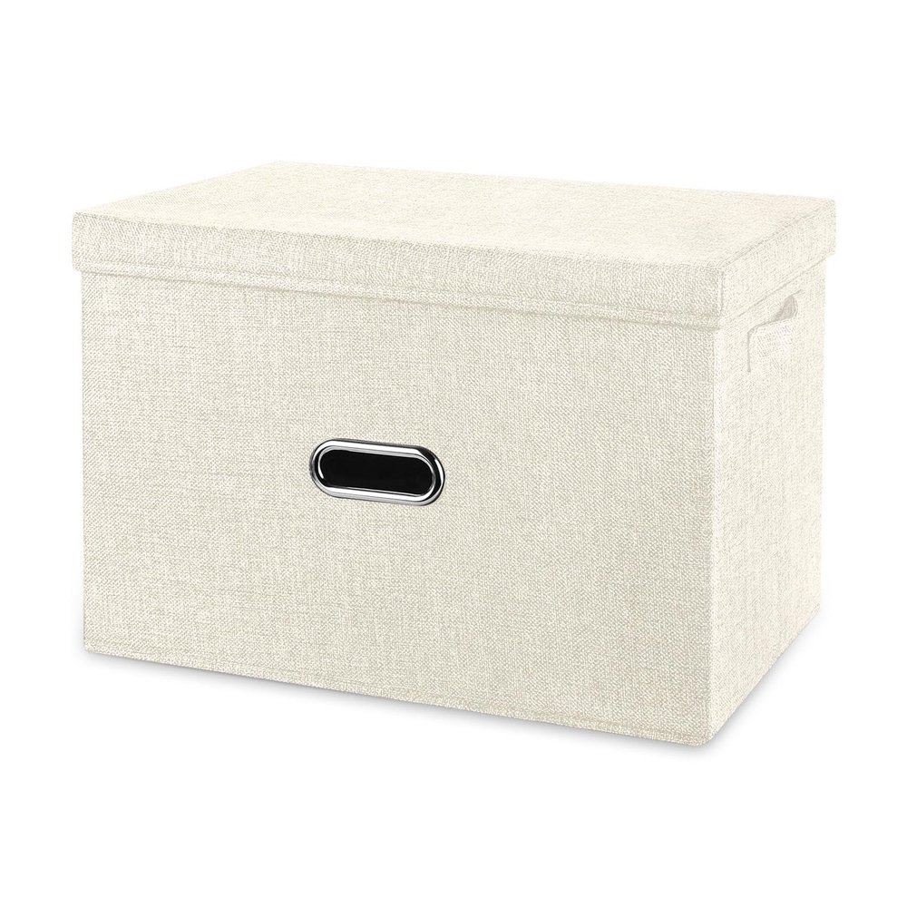 Valease Large Linen Fabric Foldable Storage Bins with Removable Lid and Handles, Washable Storage Box Organizer Containers Baskets Cube with Cover for Bedroom,Office(Cream, Large)
