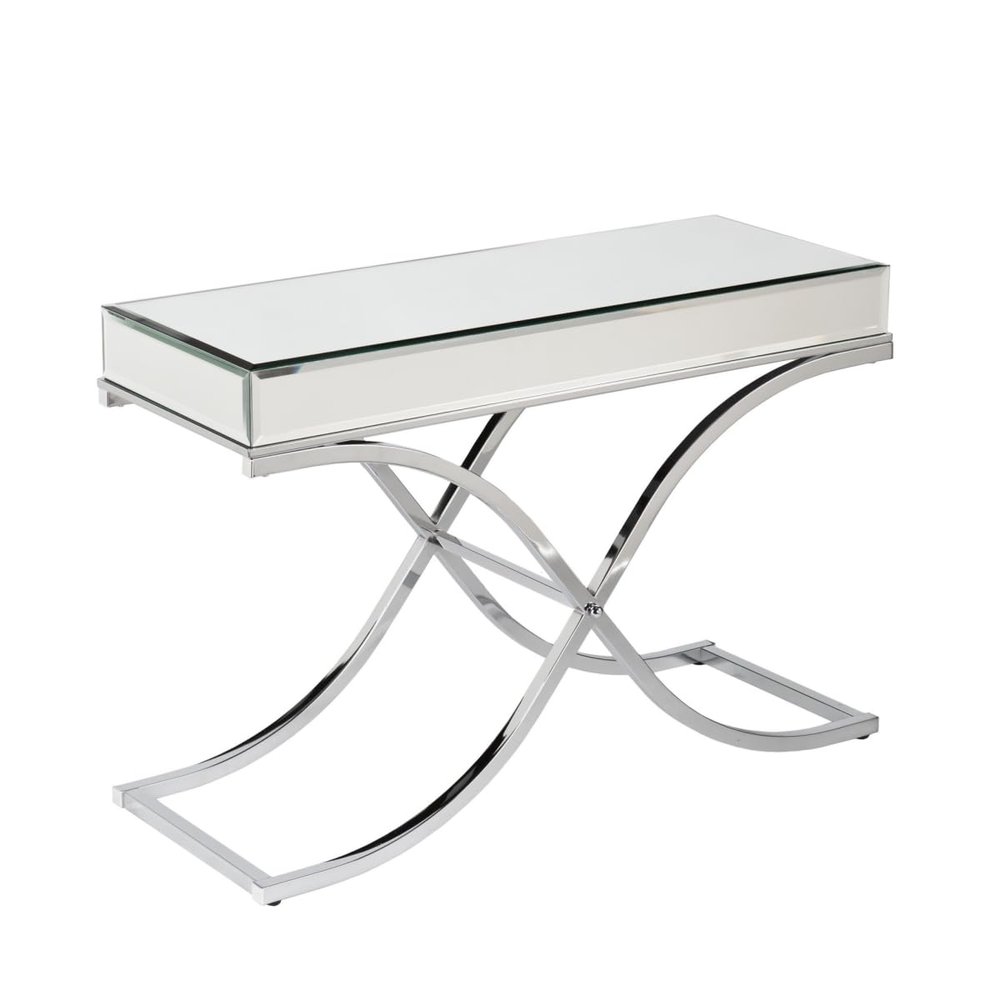 HomeRoots 402359 42 in. Mirrored Glass Cross Leg Console Table Silver