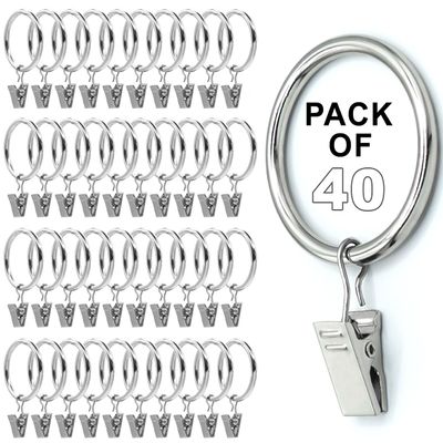 Silver Curtain Rings with Clips 1.5" Inch Set of 40 Heavy Duty Curtain Hooks for Drapes, Caps, Pictures - fits on Rod Diameter Upto 1.25Inch/32mm (Silver, 1.5" Inch - 40 Pack)