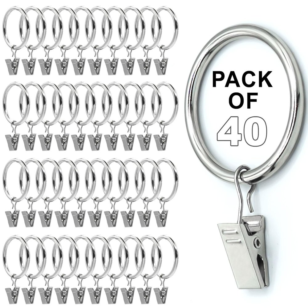 Silver Curtain Rings with Clips 1.5" Inch Set of 40 Heavy Duty Curtain Hooks for Drapes, Caps, Pictures - fits on Rod Diameter Upto 1.25Inch/32mm (Silver, 1.5" Inch - 40 Pack)