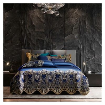 UOIO Elegant Green Silky Satin Egyptian Cotton Duvet Cover Set Italy Luxury Chic Lace Bedding Set Cotton with Bed Sheet Pillowcases,Cotton Duvet, zq-11042