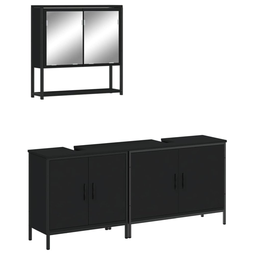vidaXL 3-Piece Bathroom Furniture Set - Engineered Wood - Includes Black Wall-Mounted Mirror Cabinet and 2 Sink Cabinets, Ample Storage, Modern Design