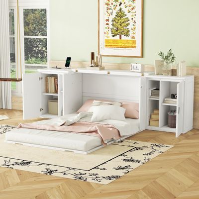 XD Designs Full Size Mobile Murphy Cabinets Bed with USB Ports, Traditional Solid Wood Murphy Bed Floor Storage Bed for Guest Room Home Office, No Box Spring Required (White-M5) (White-MF)