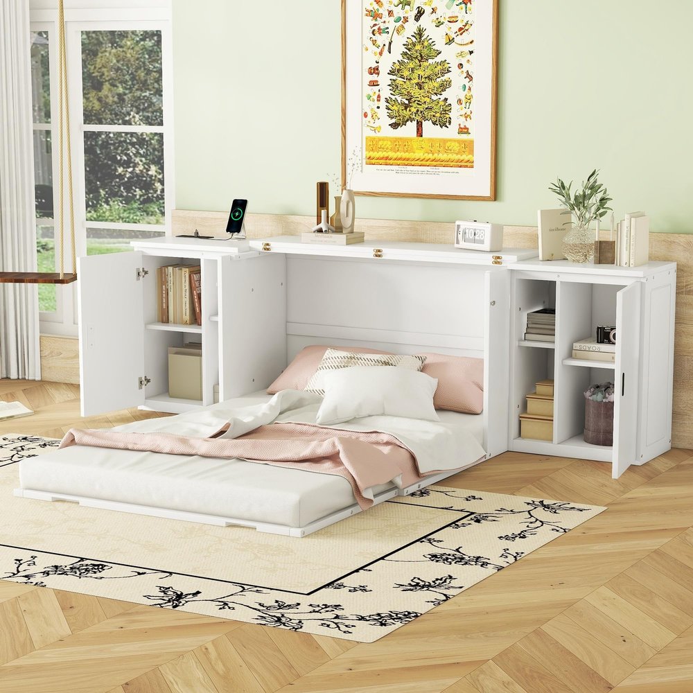 XD Designs Full Size Mobile Murphy Cabinets Bed with USB Ports, Traditional Solid Wood Murphy Bed Floor Storage Bed for Guest Room Home Office, No Box Spring Required (White-M5) (White-MF)