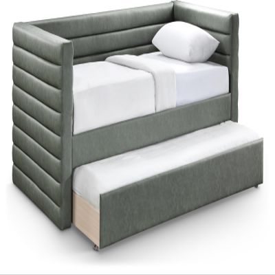Meridian Furniture BeverlyGreen-T Beverly Collection Modern | Contemporary Twin Daybed with Soft Green Premium Vegan Leather, Deep Channel Tufting, Twin Trundle, 87" W x 43.5" D x 34" H, Green