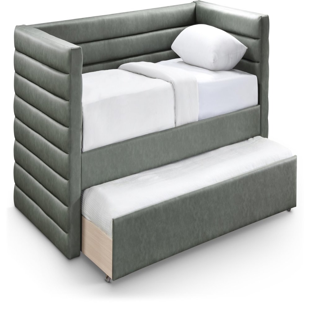 Meridian Furniture BeverlyGreen-T Beverly Collection Modern | Contemporary Twin Daybed with Soft Green Premium Vegan Leather, Deep Channel Tufting, Twin Trundle, 87" W x 43.5" D x 34" H, Green