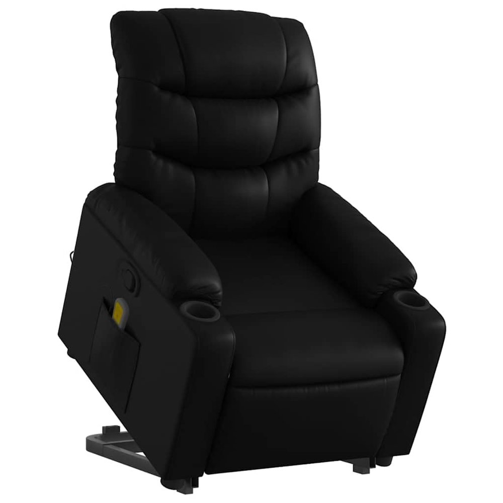 vidaXL Black Faux Leather Stand Up Massage Armchair - Power Lift, Recliner, Adjustable, Vibrating, Elderly Seat with Cup Holders