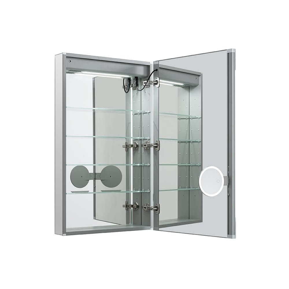 AQUADOM Edge Royale LED Lighted Medicine Cabinet Defogger, 3X LED Lighted Vertically Adjustable Magnifying Mirror, Electrical Outlets, Recessed or Surface Mount (20W x 70H x 5D Right Hinge)