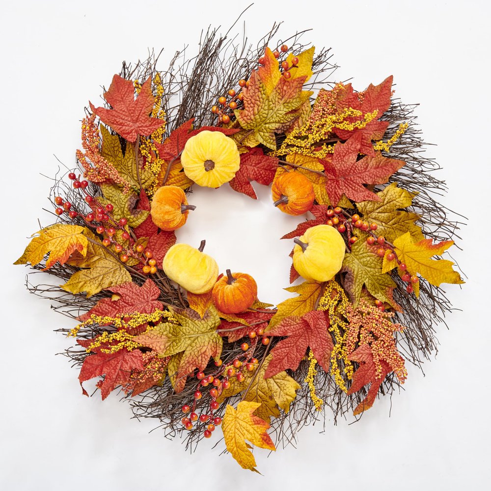 22" Pumpkin & Maple Leaf Fall Wreath on Twig Base