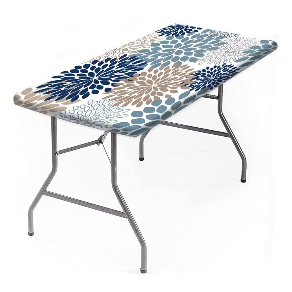 AngelSept Elastic Edge Rectangle Fitted Tablecloth, Blue and Navy Chrysanthemum Flowers Table Cover, for Outdoor Picnic Camping and Indoor Kitchen Dining Party, 4ft - 24 x 48 Inch Rectangle Tight Fit