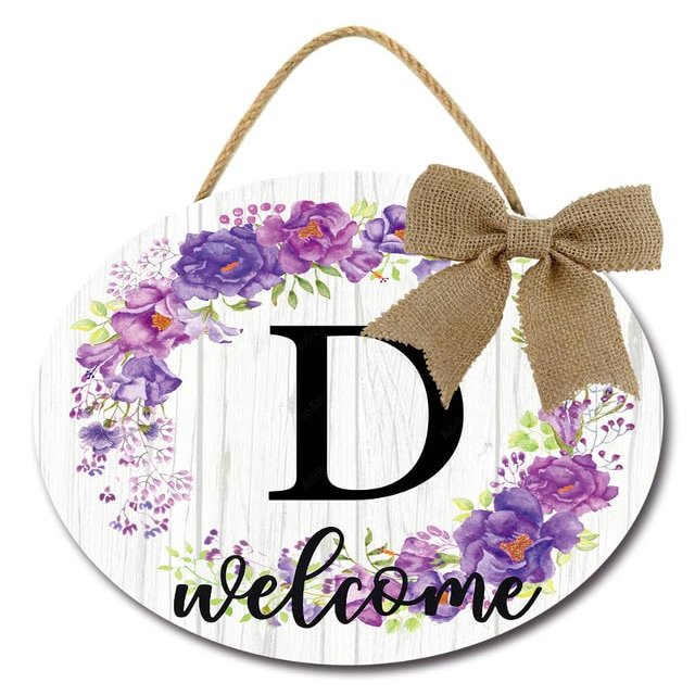 SRongmao Spring Wreaths for Front Door Rustic Farmhouse Wreath Welcome Sign Monogram Initial Letter D Sign Round Wooden Purple Flowers Door Sign for Housewarming Window Wedding 11inch