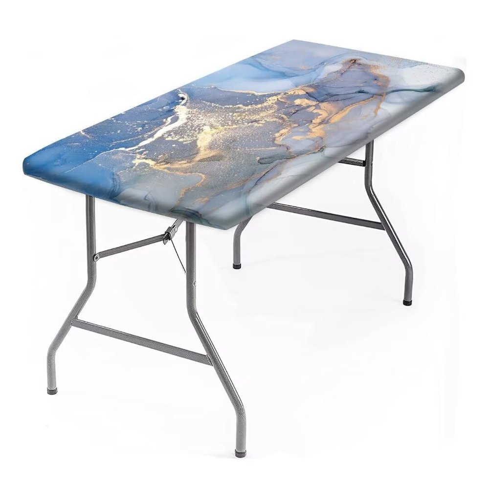 AngelSept Marble Tablecloth for Folding Table Elastic Edge, Blue Gold Marble Table Cover, for Outdoor Picnic Camping and Indoor Kitchen Dining Party, 6ft - 30 x 72 Inch Rectangle Tight Fit