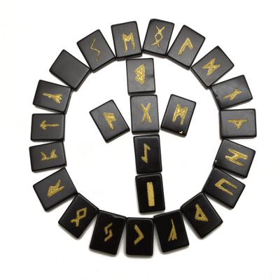 Blessfull Healing Rectangle Shape Flat Black Onyx Gemstone Runes with Elder Futhark Alphabet Engraved 25 pcs Rune Set