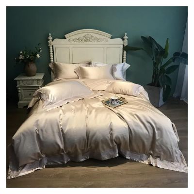Bed, Luxury Solid Color Smooth Silky Bedding Set Duvet Cover Sheet Pillowcase King Queen Size Silk Cotton Bed Linen