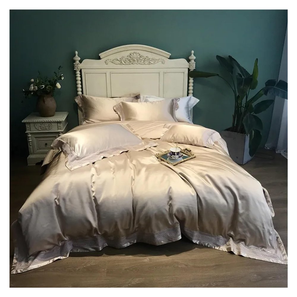 Bed, Luxury Solid Color Smooth Silky Bedding Set Duvet Cover Sheet Pillowcase King Queen Size Silk Cotton Bed Linen