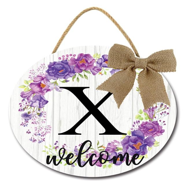 SRongmao Spring Wreaths for Front Door Rustic Farmhouse Wreath Welcome Sign Monogram Initial Letter X Sign Round Wooden Purple Flowers Door Sign for Housewarming Window Wedding 11inch