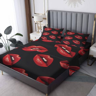 Red Lips California King Size Kiss Sexy Bed Sheets - Patterned Bedding Set, Soft Microfiber Deep Pocket Fitted & Flat Sheets & 2 Pillow Cases