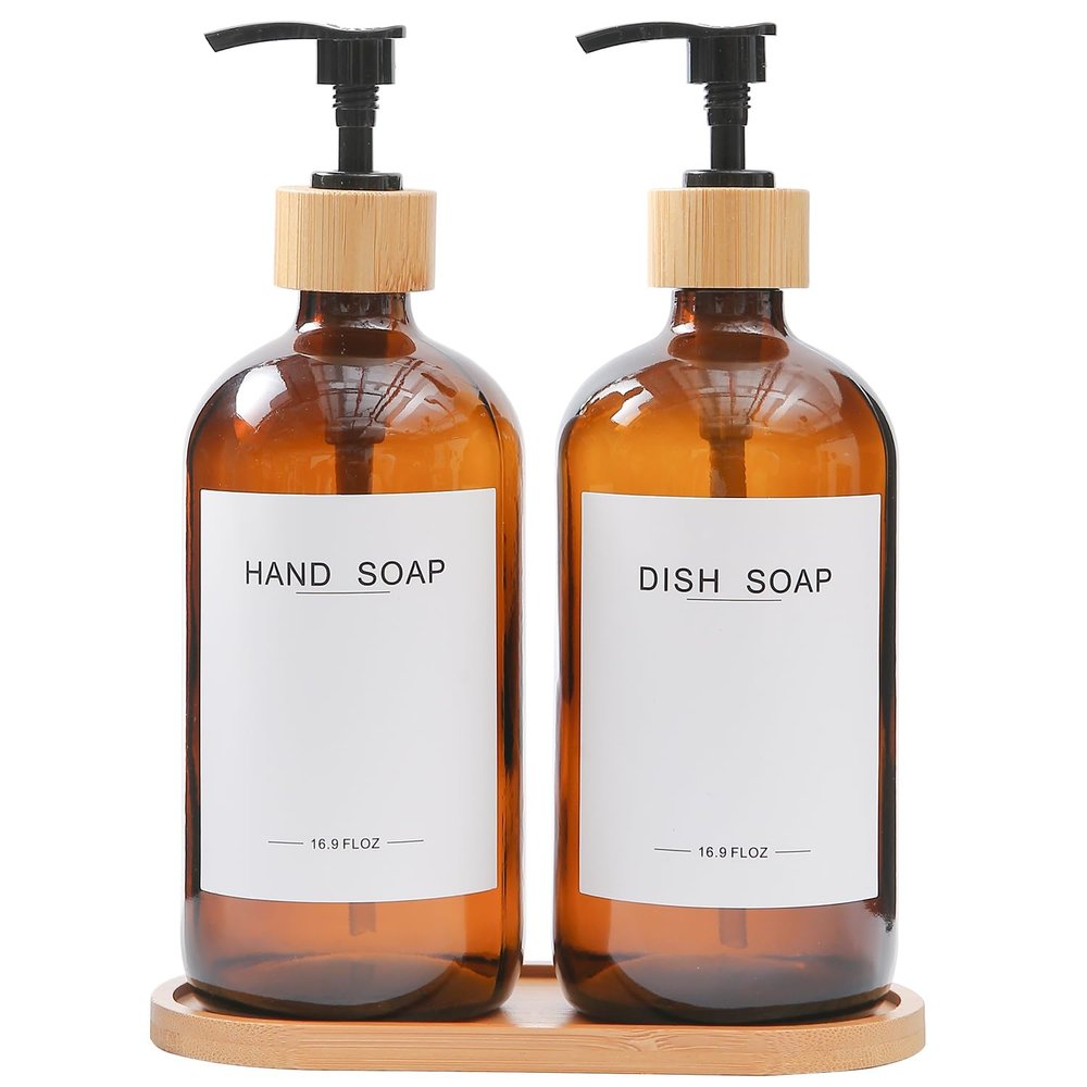 BONLONG Amber Glass Soap Dispenser with Bamboo Pumps&Tray&Labels, Hand Dispenser, Lotion Dispenser, Dish Soap Dispenser for Kitchen Sink. (Amber)