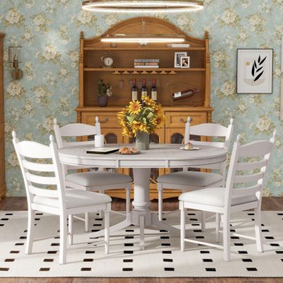 DESIGNER97 Retro 5-Piece Farmhouse Dining Table Set Extendable Round Oval Table and 4 Upholstered Chairs for Kitchen Dining Room, Antique White