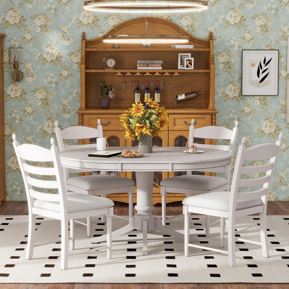 DESIGNER97 Retro 5-Piece Farmhouse Dining Table Set Extendable Round Oval Table and 4 Upholstered Chairs for Kitchen Dining Room, Antique White