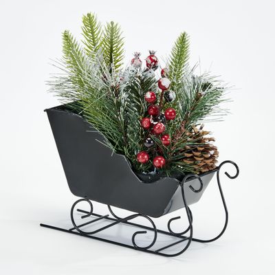 Worth Imports 11" Artificial Pine, Berries & Pine Cone Arrangement in Metal Christmas Sleigh Tabletop Decoration