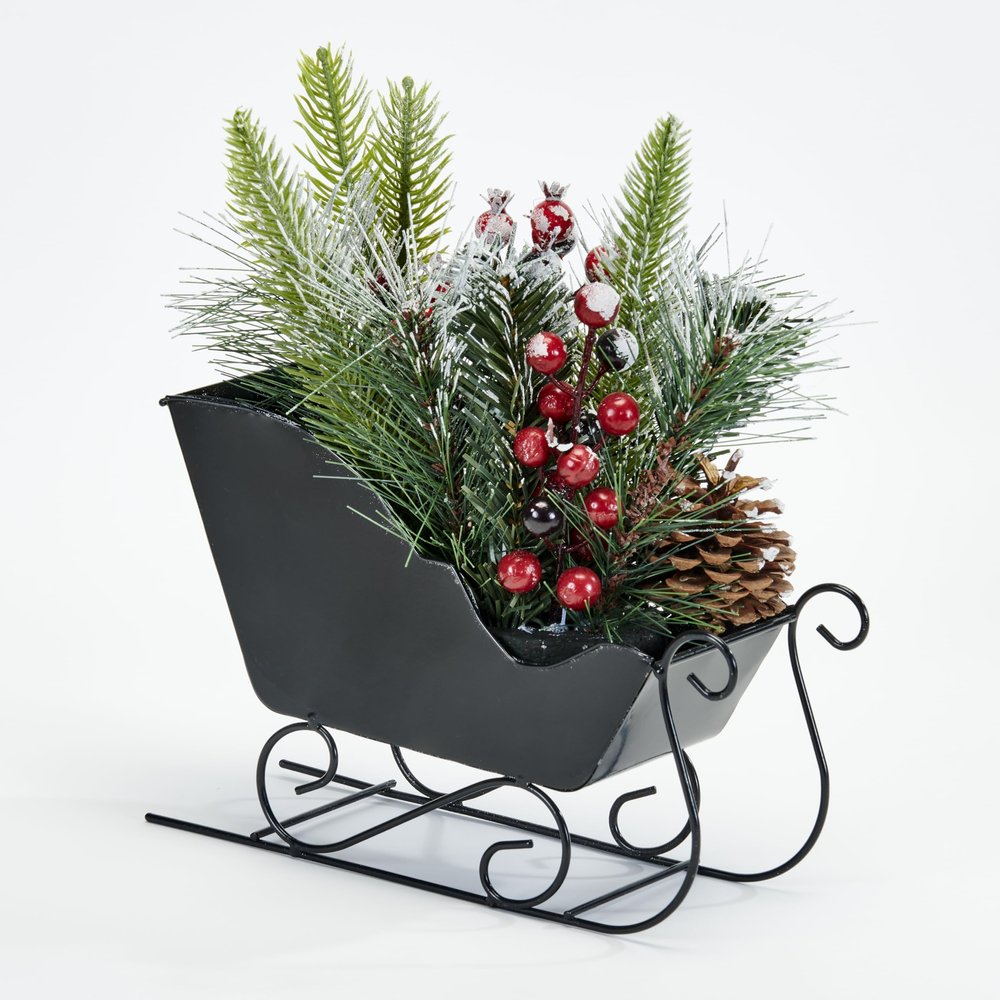 Worth Imports 11" Artificial Pine, Berries & Pine Cone Arrangement in Metal Christmas Sleigh Tabletop Decoration