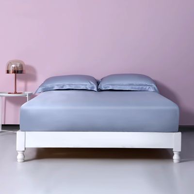 100% Mulberry Silk Fitted Sheet with Deep Pocket Made in USA, Real 22 Momme Silk Bed Sheets, 6A Grade Pure Silk, Hypoallergenic (Blue Grey, King)