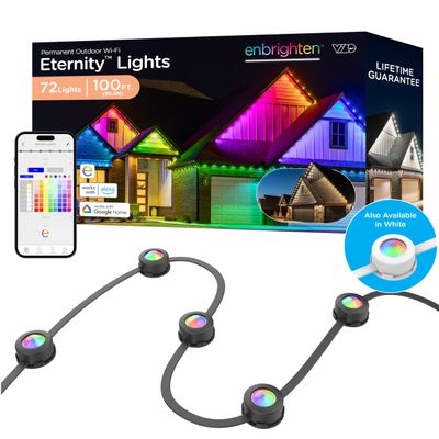 Enbrighten Vibe Eternity Permanent Outdoor Lights for House, 100 Feet, 72 RGBWIC LEDs, Close Spacing, 33lm, Color Changing, Christmas, Eave Lighting, Smart App, Works with Alexa, Google Home, 82730