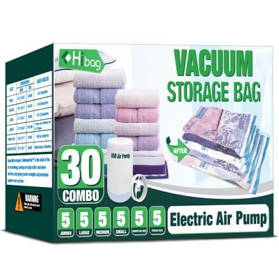 HIBAG Vacuum Storage Bags with Electric Pump, 30 Pack Vacuum Seal Space Saver Bag for Clothes, Clothing, Pillows, Blanket Bedding Comforters