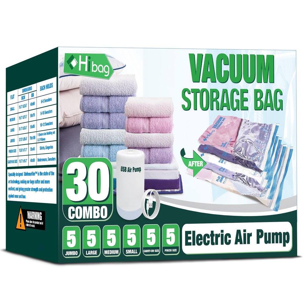 HIBAG Vacuum Storage Bags with Electric Pump, 30 Pack Vacuum Seal Space Saver Bag for Clothes, Clothing, Pillows, Blanket Bedding Comforters