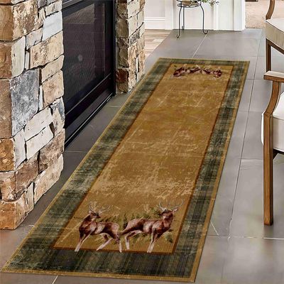 LHOMKCV Retro Buffalo Plaid Runner Rug, 2x8ft, Lodge Cabin Moose Deer Elk Leaves Long Hallway Rugs, Southwest Country Wildlife Brown Corridor Rug, Low Pile Indoor Floor Mat for Kitchen Laundry Room