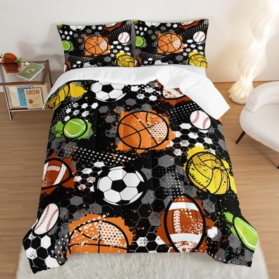 UEVBF Kids Sports Balls Bedding Queen Comforter Set for Boys,Tie-Dyed Football Basketball Baseball Print Comforter Set for Kids Bedroom Decor,Sports Themed Bedding Comforter Set with 2 Pillowcases.