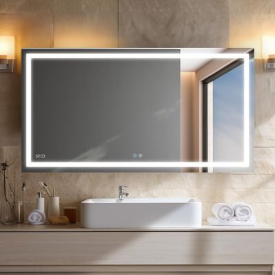 AQUADOM Daytona 72"x36"x1" Large LED Lighted Mirror for Bathrooms with Defogger, Dimmer, Digital Clock, Touch Control, 3 Color Lighting