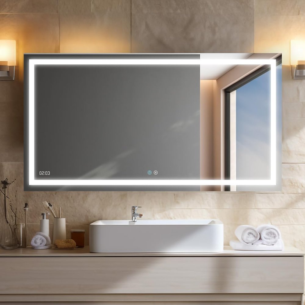 AQUADOM Daytona 72"x36"x1" Large LED Lighted Mirror for Bathrooms with Defogger, Dimmer, Digital Clock, Touch Control, 3 Color Lighting