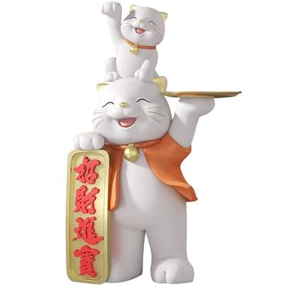 Statue Holding Tray Floor-Standing Double Lucky Cat Sculpture Tray, Resin Coffee Cup Tray for Clothing Store, Art Ornaments, Business Gifts (Color : Orange, Size : 75 * 46 * 33cm)