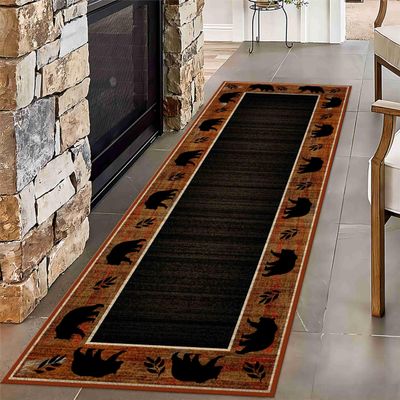LHOMKCV Rustic Cabin Runner Rug, 2x8ft, Wildlife Black Bear Leaf Border Accent Hallway Rugs, Retro Rust Red Carpet with Non-Slip Backing, Low-Pile Thin Runner Area Rug for Kitchen Bathroom Office