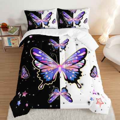 UEVBF Purple Butterfly Queen Comforter Set for Girls Kids,Aesthetics Butterflies Star Glitter Pattern Bedding Set for Teens Girls Room Decor,Nature Animal Themed Bedding Set with 2 Pillowcases.