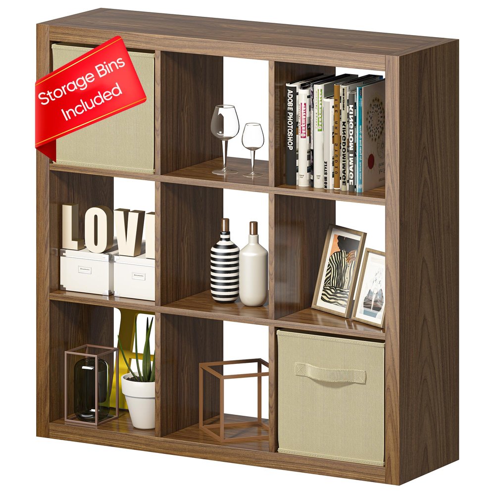 Bookshelf with Storage Bins, 9-Cube Storage Organizer Sturdy Wooden Bookcase Open Book Shelf, Multifunctional Cubicle Rack for Storage & Display, Furniture for Living Room Bedroom Office, Classic Oak