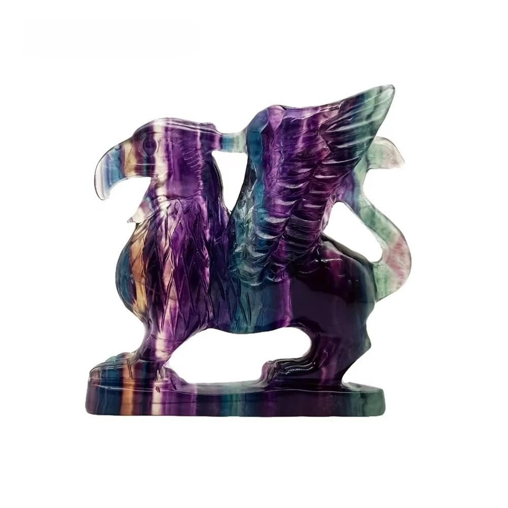 ATkits Crystal Natural Rainbow Fluorite Crystal Griffin Sculpture Statue Animal Carving for Home Decoration Collection