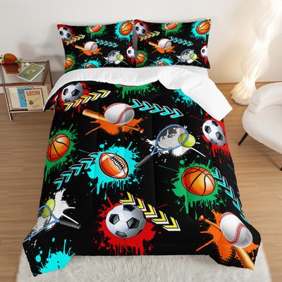 UEVBF Kids Sports Balls Bedding Queen Comforter Set for Boys,Black Football Basketball Baseball Print Comforter Set for Kids Bedroom Decorate,Sports Themed Bedding Comforter Set with 2 Pillowcases.