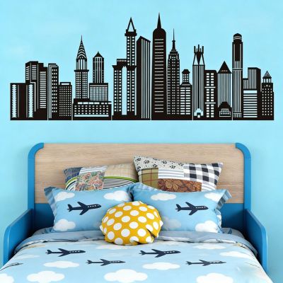 Amimagen Black City Skyline Wall Stickers - City Building Silhouette Wall Decals - Boys Nursery Kids Bedroom Living Room Wall Decor