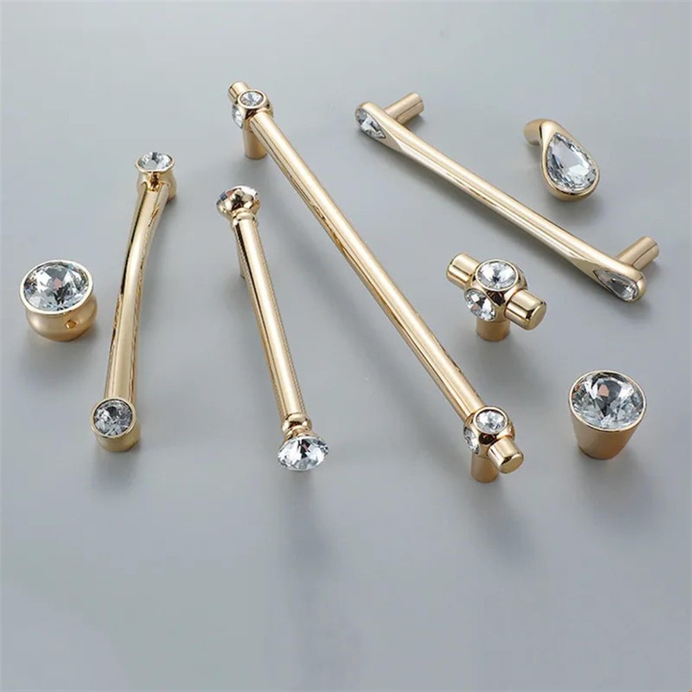 GGKLVWMA European Luxury Crystal Solid Zinc Alloy Golden Cabinet Handles Kitchen Cupboard Wardrobe Door Pulls Furniture Hardware 1Pcs (Color : 1-192mm)