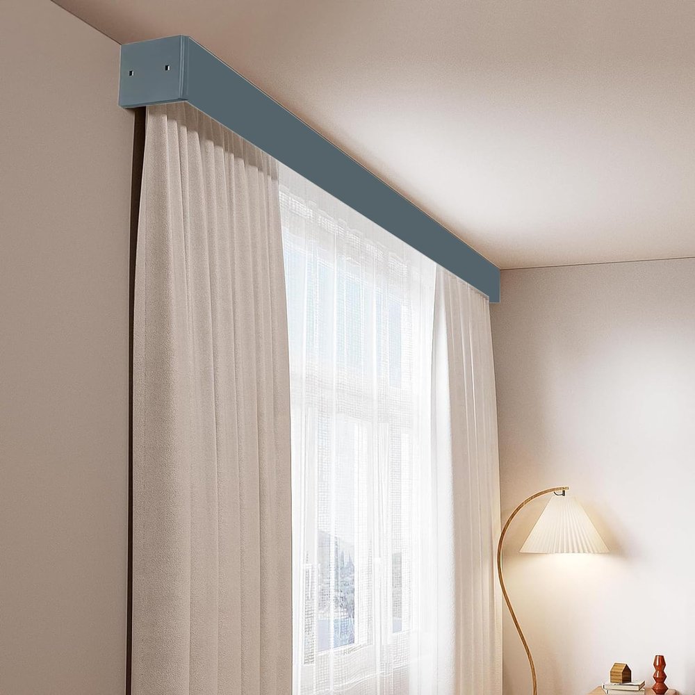 Ceiling Curtain Track Three-in-One Curtain Boxes with Single Track, Window Blue Curtain Rod Cover Box for Bay Windows/ Room Darkening Blackout, Included Fittings ( Color : Ceiling Mount , Size : 1.1m/