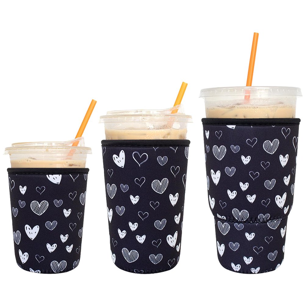 3 Pack Reusable Iced Coffee Sleeves - Xumbtvs Insulator Sleeve for Cold Beverages, Neoprene Coffee Cup Holder (Heart)