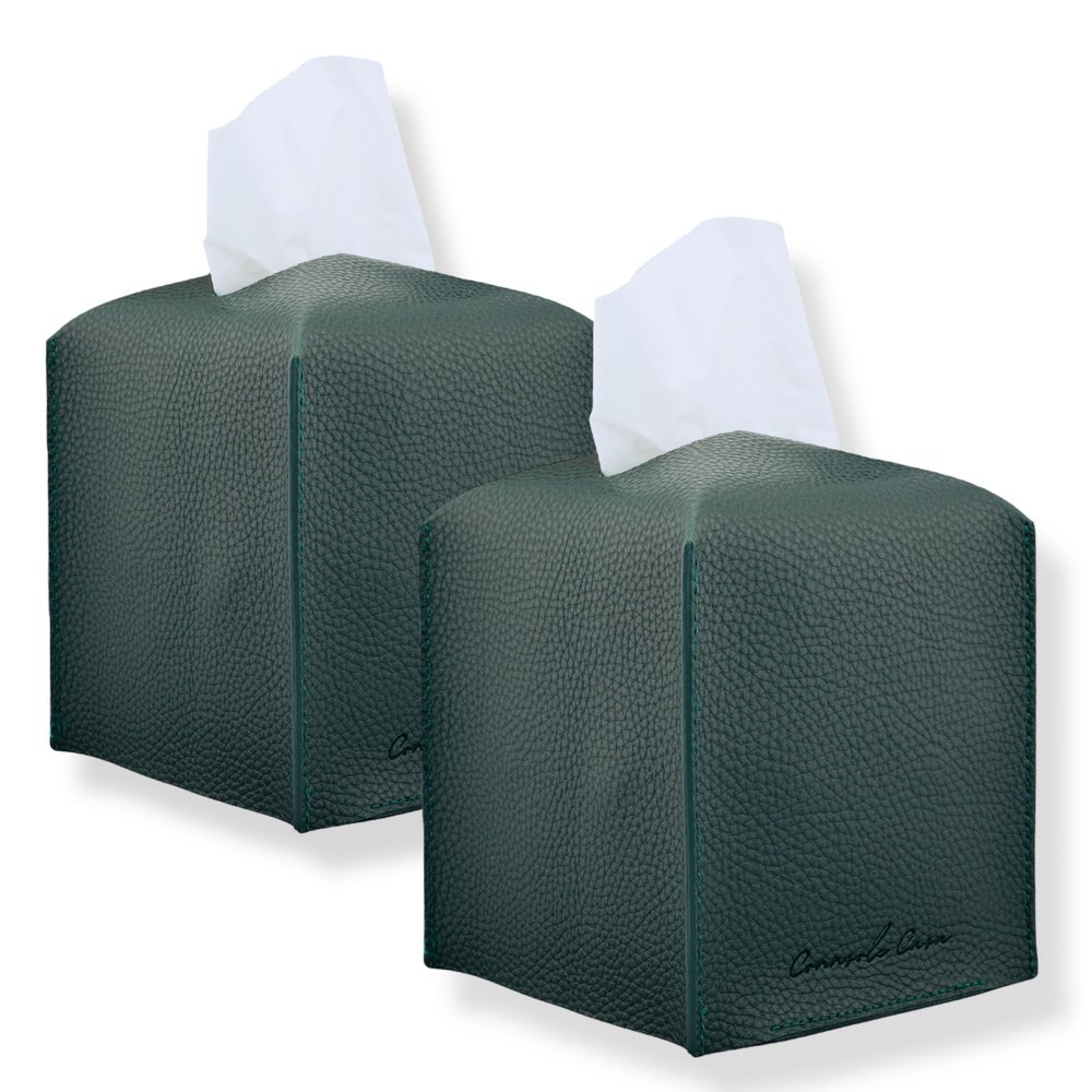 Connsole Casa Premium PU Leather Tissue Box Holder - Elegant Hotel-Style Tissue Box Cover for Home, Office & Car Dcor, Tissues Cube Organizer for a Natural & Classic Look (Dark-Green 2 Pack)