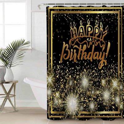 ZOE STORE Shower Curtains for Bathroom Accessories, Happy Birthday Polyester Fabric Bathtub Curtain with 12 Hooks, Luxurious Black Golden Cake Fireworks Waterproof Shower Curtains 72 x 84 Inches