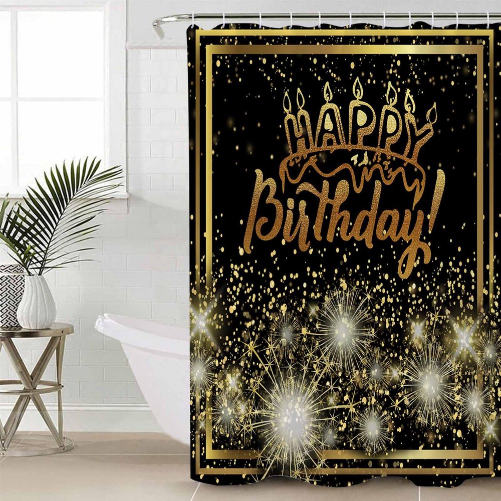 ZOE STORE Shower Curtains for Bathroom Accessories, Happy Birthday Polyester Fabric Bathtub Curtain with 12 Hooks, Luxurious Black Golden Cake Fireworks Waterproof Shower Curtains 72 x 84 Inches